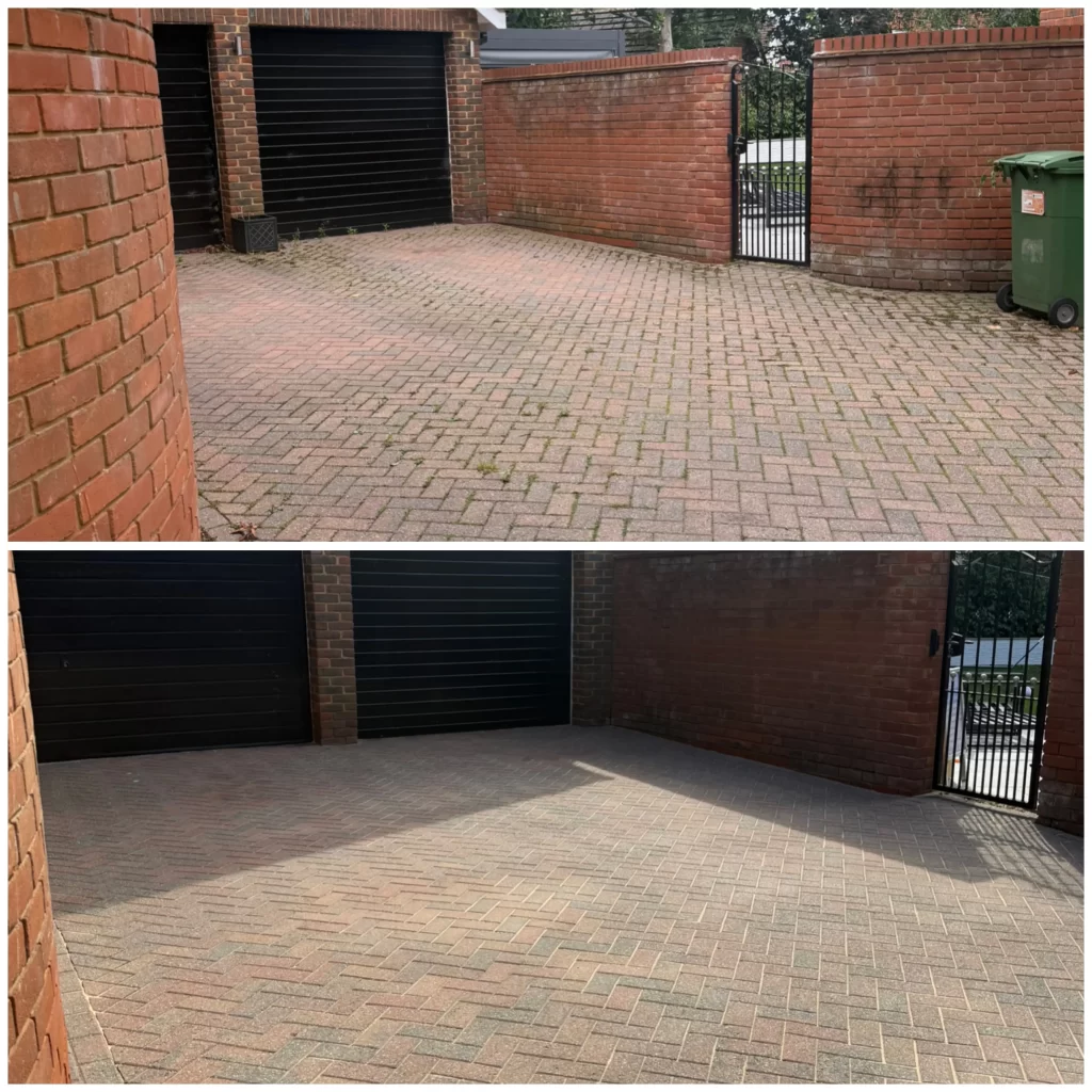 Block paving driveway cleaning in Bolton by ProShine Pressure Washing, removing weeds and restoring the original colour.