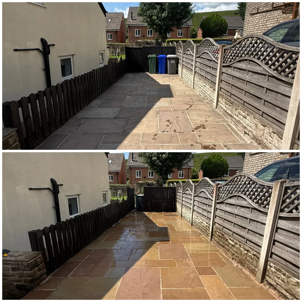 Before and after driveway pressure wash in Mossley showing restored paving colour