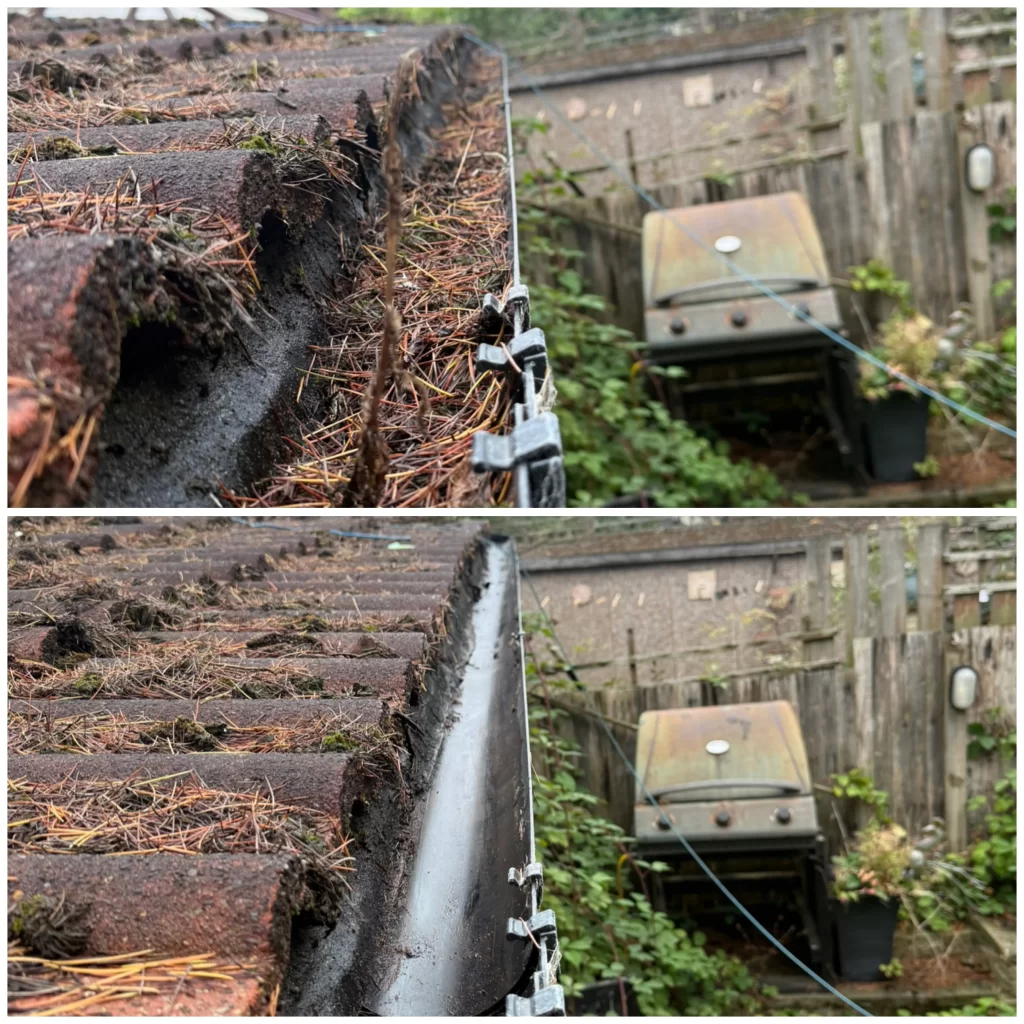 Gutter cleaning and debris removal in Stockport by ProShine Pressure Washing, ensuring clear water flow.