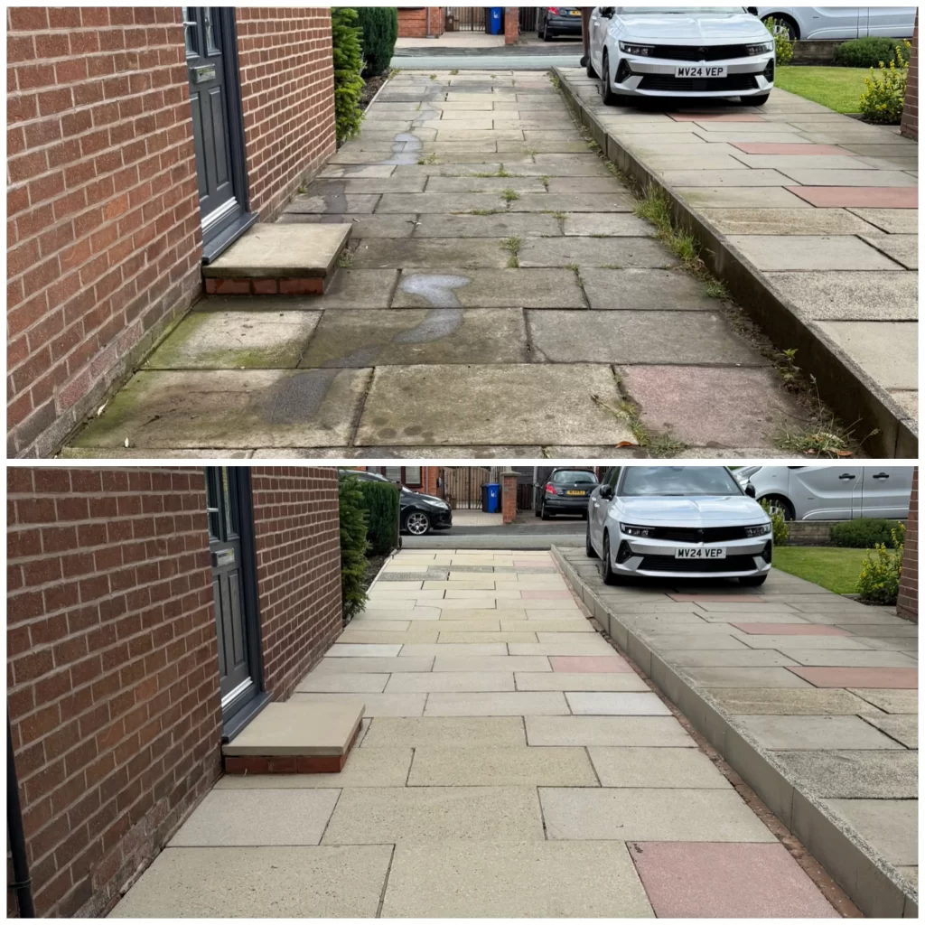 Pathway and pavement cleaning in Tameside by ProShine Pressure Washing, removing moss and surface dirt.