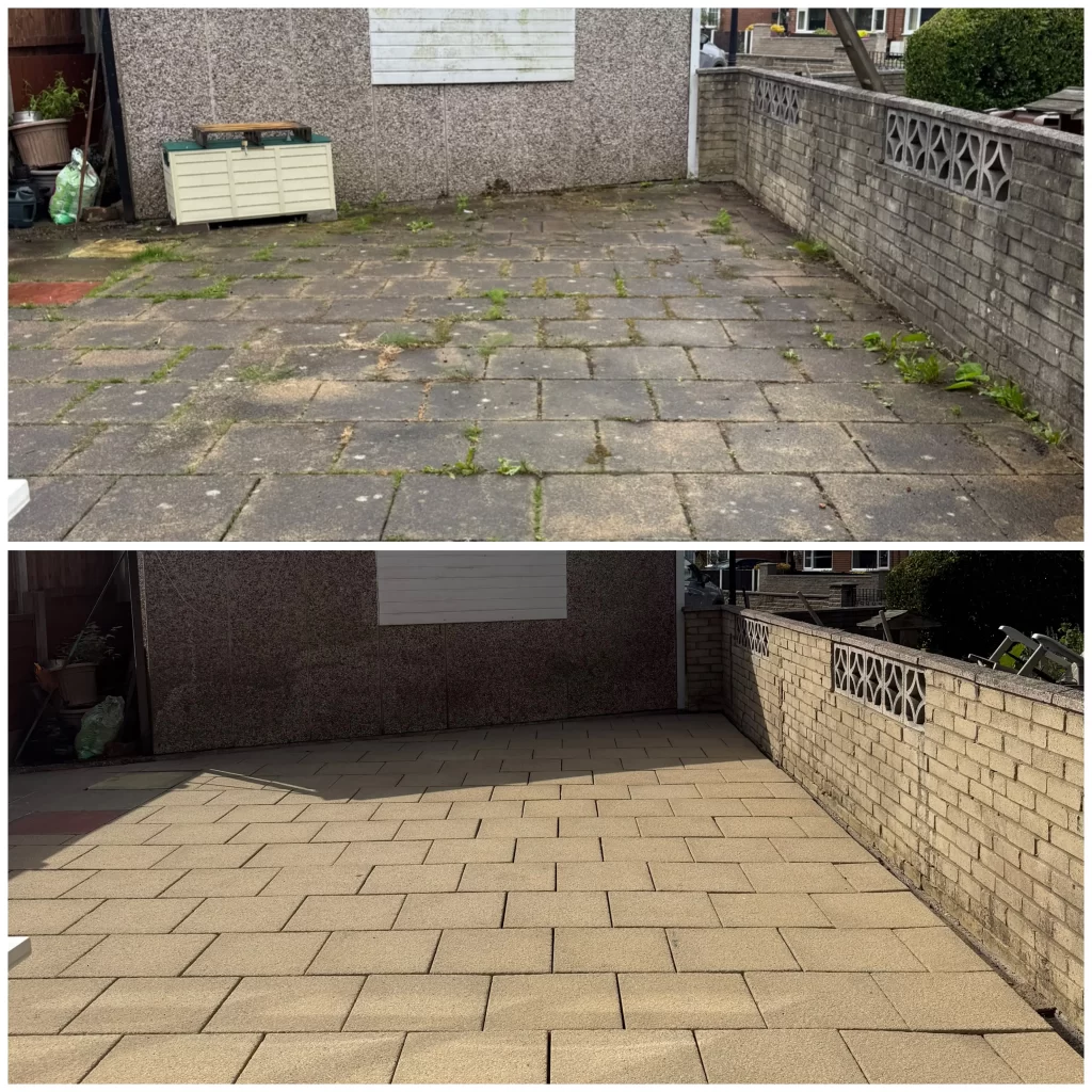 Patio cleaning and weed removal in Stalybridge by ProShine Pressure Washing, restoring paving to its original colour.
