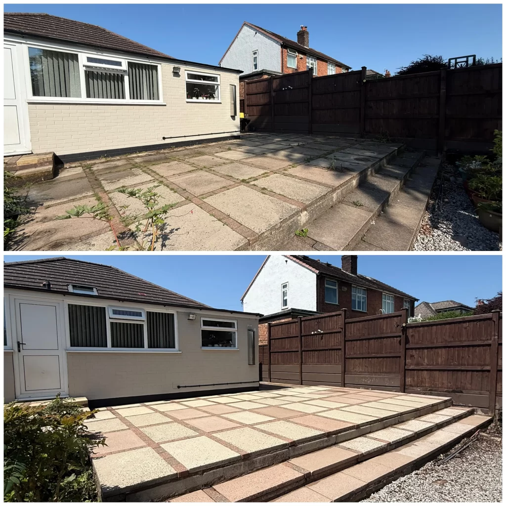 Patio cleaning and restoration in Cheshire by ProShine Pressure Washing, leaving a bright, even surface.